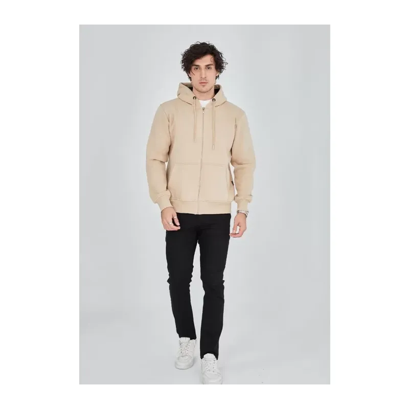 Unisex Tam Fermuarlı Kapşonlu SweatShirt - Bej