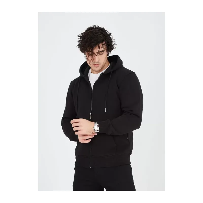 Unisex Tam Fermuarlı Kapşonlu SweatShirt - Siyah