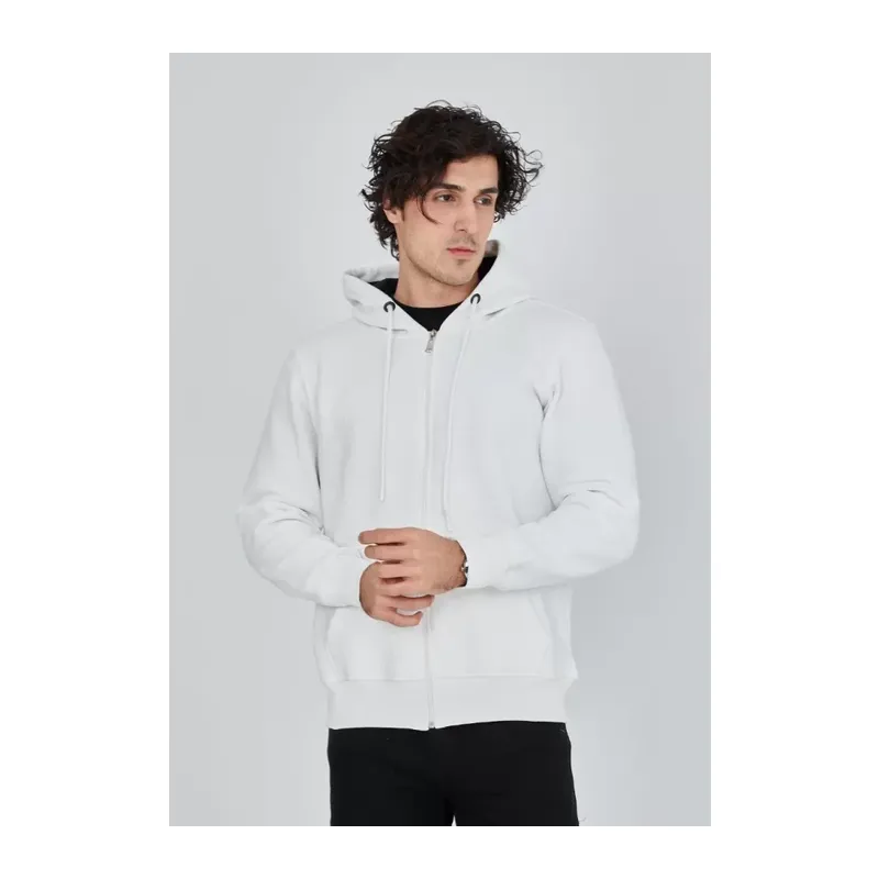 Unisex Tam Fermuarlı Kapşonlu SweatShirt - Beyaz