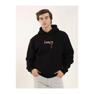 Unisex Baskılı Oversize Üç İplik Kapüşonlu Sweatshirt - Siyah