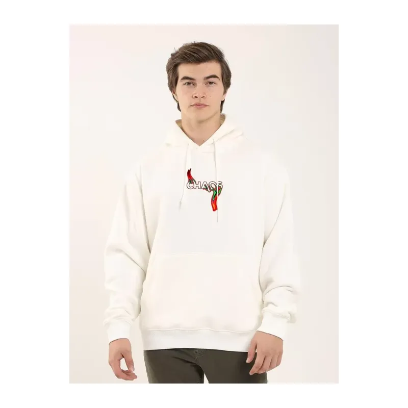 Unisex Baskılı Oversize Üç İplik Kapüşonlu Sweatshirt - Beyaz