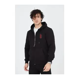Unisex Baskılı Tam Fermuarlı Kapşonlu SweatShirt - Siyah