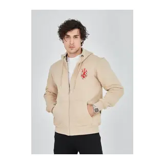 Unisex Baskılı Tam Fermuarlı Kapşonlu SweatShirt - Bej