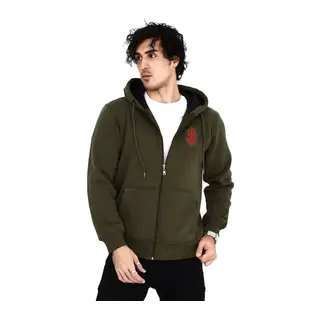 Unisex Baskılı Tam Fermuarlı Kapşonlu SweatShirt - Haki