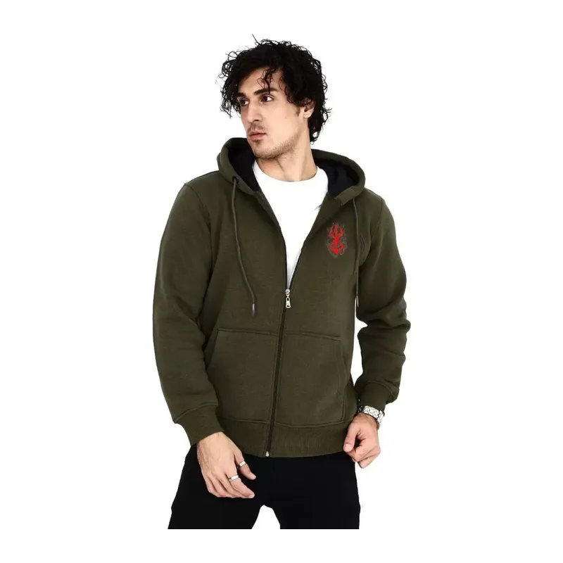 Unisex Baskılı Tam Fermuarlı Kapşonlu SweatShirt - Haki