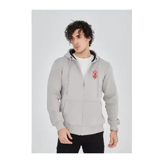 Unisex Baskılı Tam Fermuarlı Kapşonlu SweatShirt - Boyalı Gri