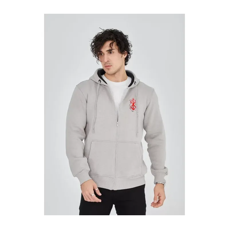 Unisex Baskılı Tam Fermuarlı Kapşonlu SweatShirt - Boyalı Gri