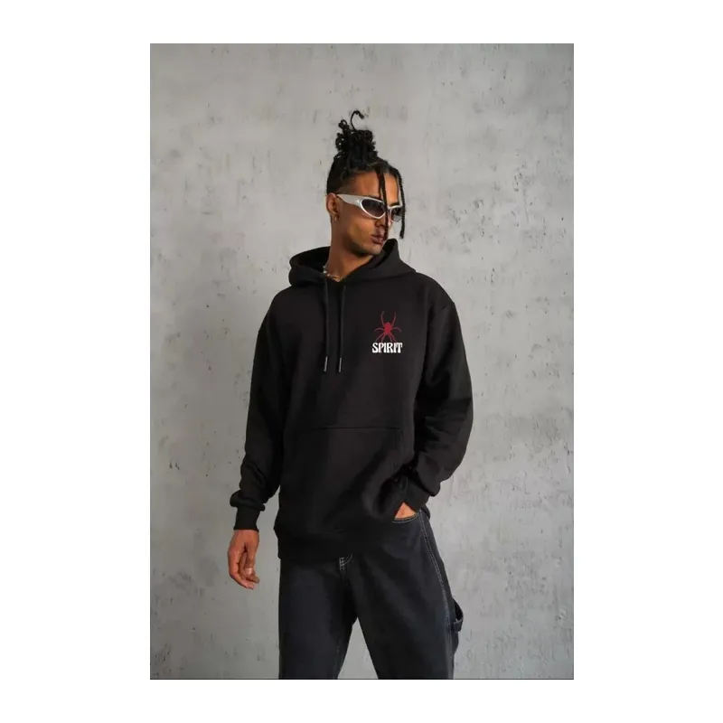 Unisex Kapşonlu Baskılı Sweetshirt - Siyah