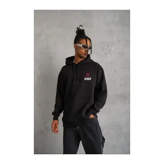 Unisex Kapşonlu Baskılı Sweetshirt - Siyah
