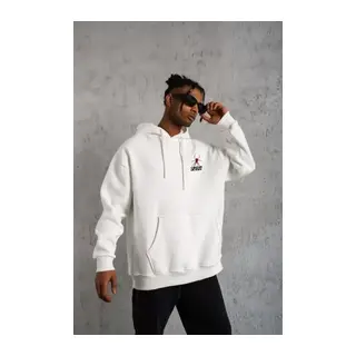 Unisex Kapşonlu Baskılı Sweetshirt - Beyaz