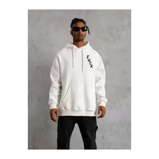 Unisex Kapşonlu Uzun Kol Baskılı Sweetshirt - Beyaz
