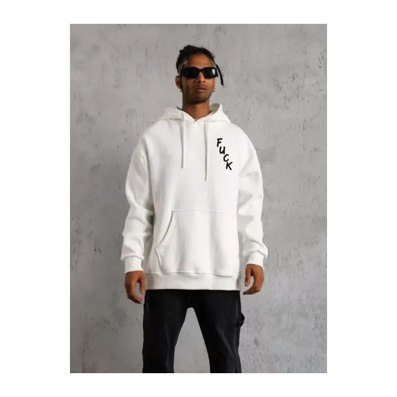 Unisex Kapşonlu Uzun Kol Baskılı Sweetshirt - Beyaz