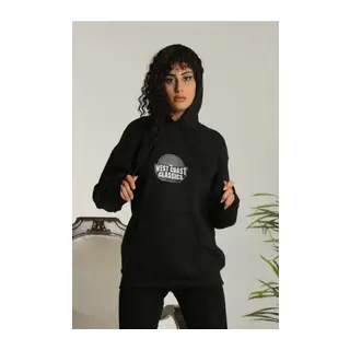 Unisex Sırt Baskılı Kapüşonlu Üç İplik Oversize Sweatshirt - Siyah