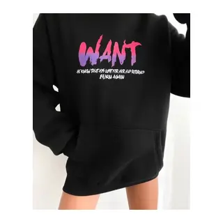 Baskılı Üç İplik Kapüşonlu Oversize Sweatshirt - Siyah
