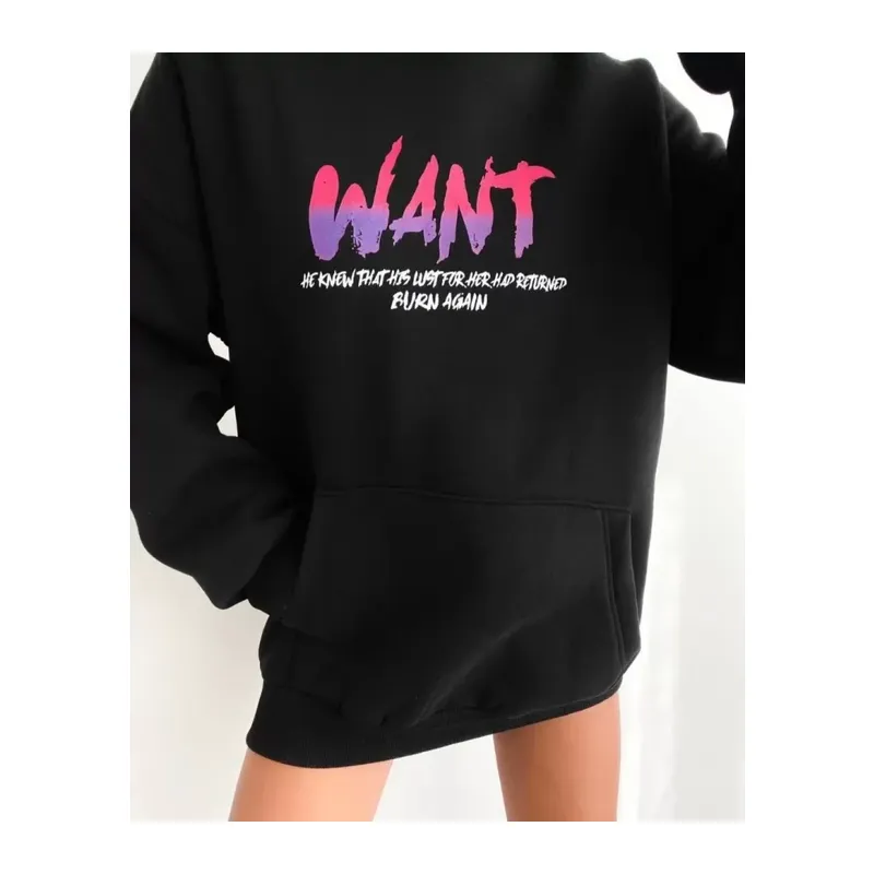 Baskılı Üç İplik Kapüşonlu Oversize Sweatshirt - Siyah