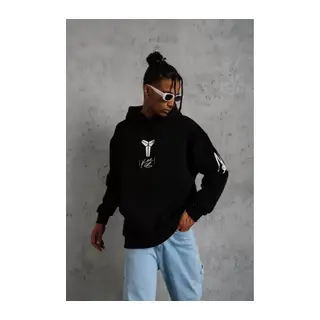 Unisex Sırt Baskılı Kapüşonlu Üç İplik Oversize Sweatshirt - Siyah