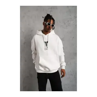 Unisex Sırt Baskılı Kapüşonlu Üç İplik Oversize Sweatshirt - Beyaz