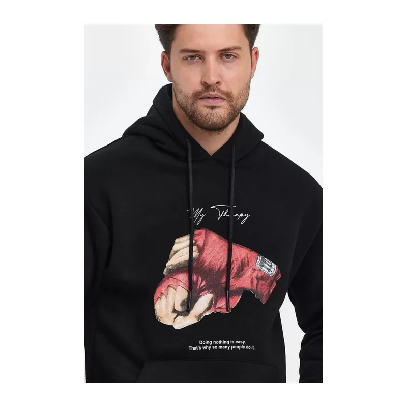 Unisex Kapüşonlu Üç İplik Oversize Baskılı Sweatshirt - Siyah