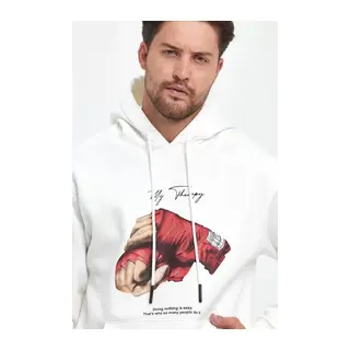 Unisex Kapüşonlu Üç İplik Oversize Baskılı Sweatshirt - Beyaz