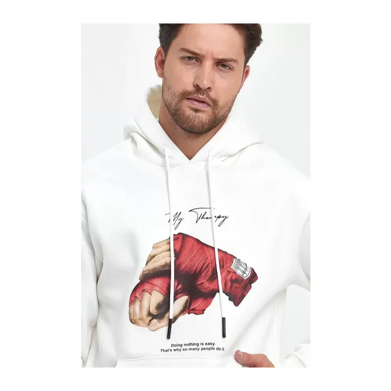 Unisex Kapüşonlu Üç İplik Oversize Baskılı Sweatshirt - Beyaz
