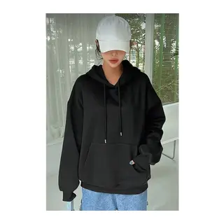 Erkek Uzun Kol Kapşonlu Basic Sweatshirt Hoodie - Siyah