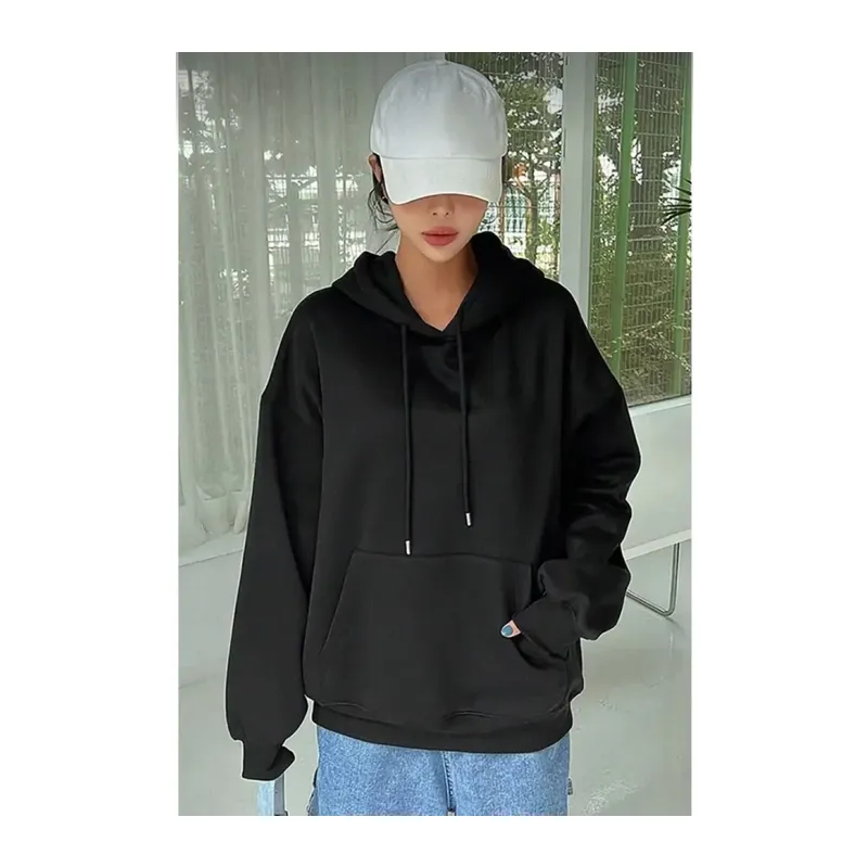 Erkek Uzun Kol Kapşonlu Basic Sweatshirt Hoodie - Siyah