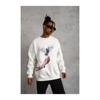 Erkek Güvercin Baskılı Sweatshirt - Beyaz