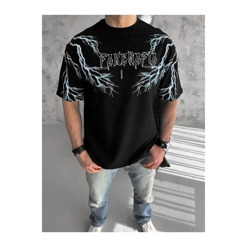 Unisex Bisiklet Yaka Baskılı Oversize T-Shirt - Siyah