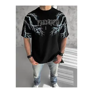 Unisex Bisiklet Yaka Baskılı Oversize T-Shirt - Siyah