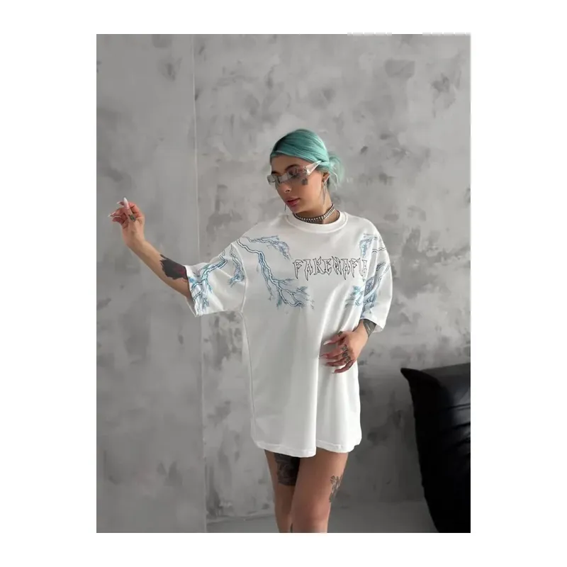 Unisex Bisiklet Yaka Baskılı Oversize T-Shirt - Beyaz