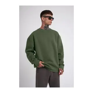 Unisex Biskilet Yaka Üç İplik SweatShirt - Haki