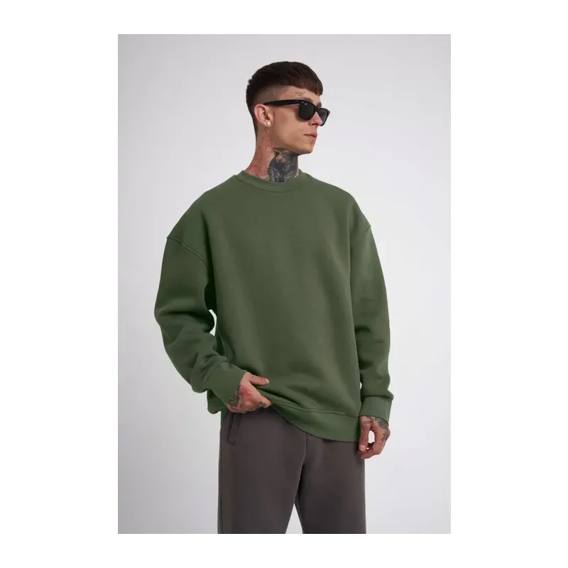 Unisex Biskilet Yaka Üç İplik SweatShirt - Haki