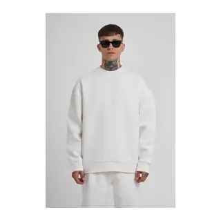 Unisex Biskilet Yaka Üç İplik SweatShirt - Beyaz