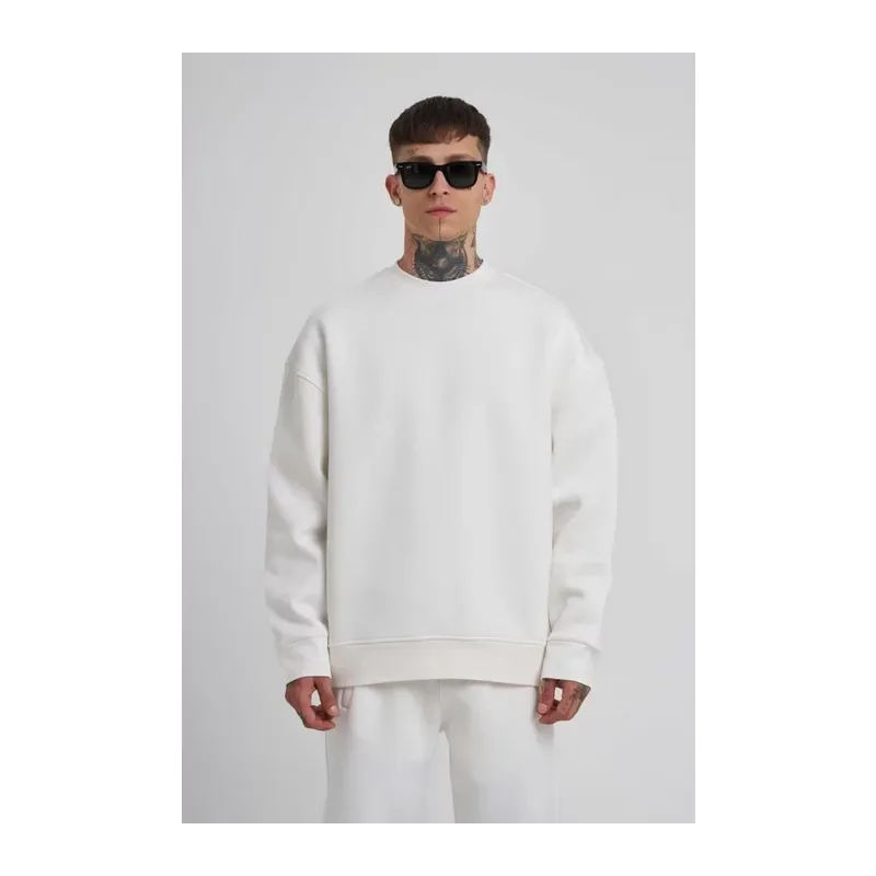 Unisex Biskilet Yaka Üç İplik SweatShirt - Beyaz