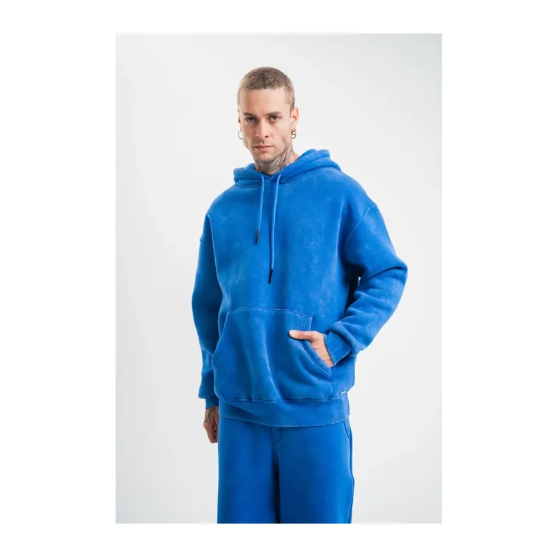 Unisex Double Oversize Kapşonlu Yıkamalı SweatShirt - Mavi