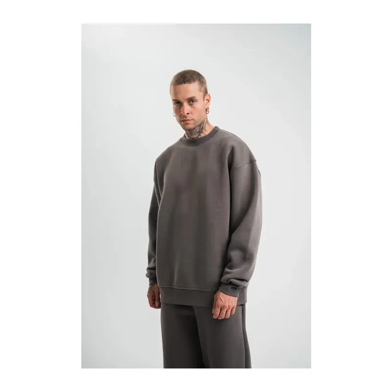 Uzun Kol Bisiklet Yaka Basic SweatShirt - Füme