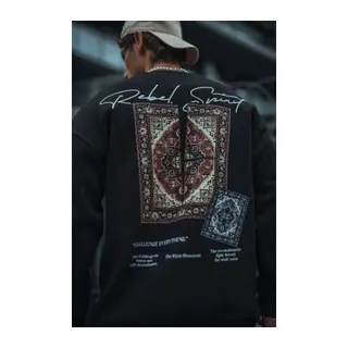 Uzun Kol Bisiklet Yaka Baskılı SweatShirt - Siyah