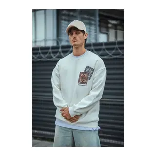 Uzun Kol Bisiklet Yaka Baskılı SweatShirt - Beyaz