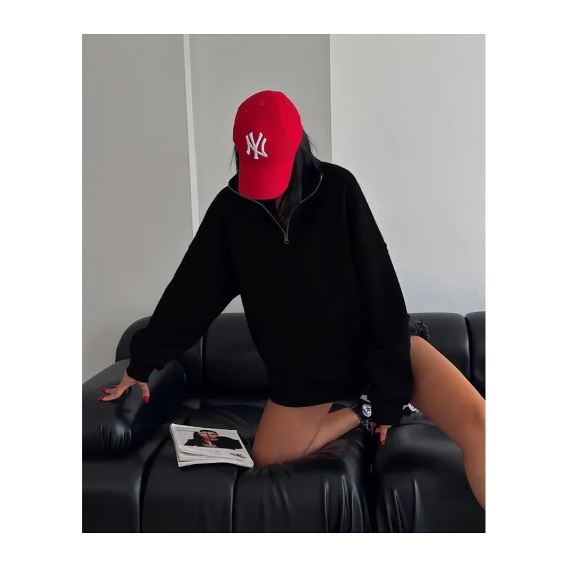 Yarım Fermuarlı Üç İplik Sweatshirt - Siyah