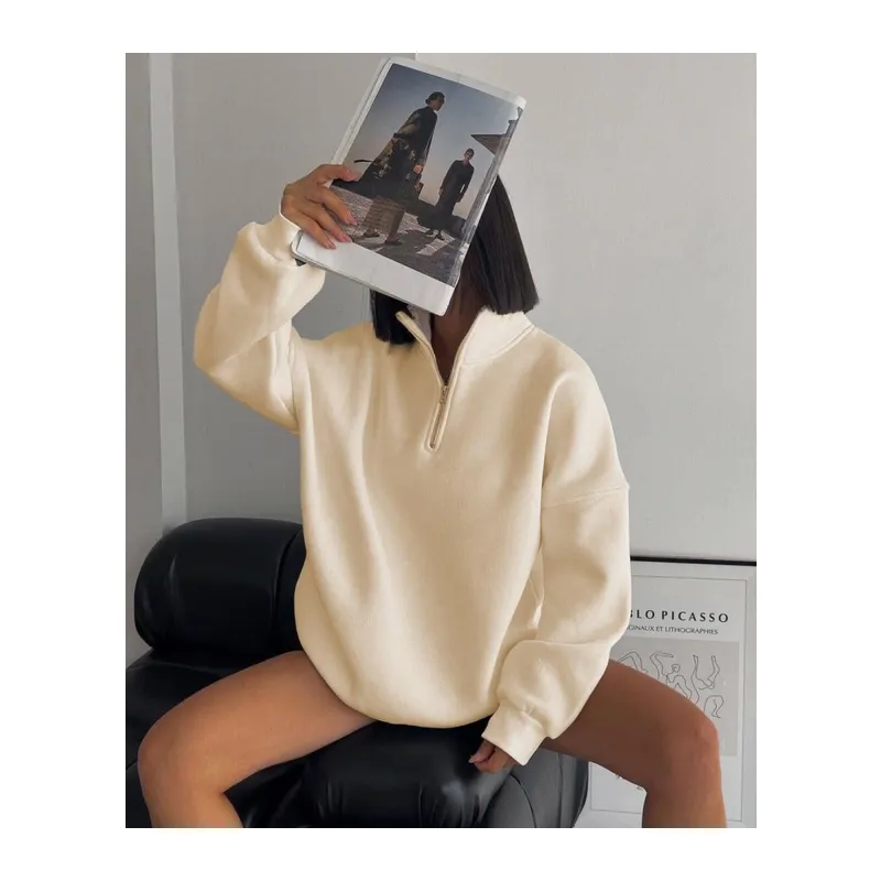 Yarım Fermuarlı Üç İplik Sweatshirt - Bej