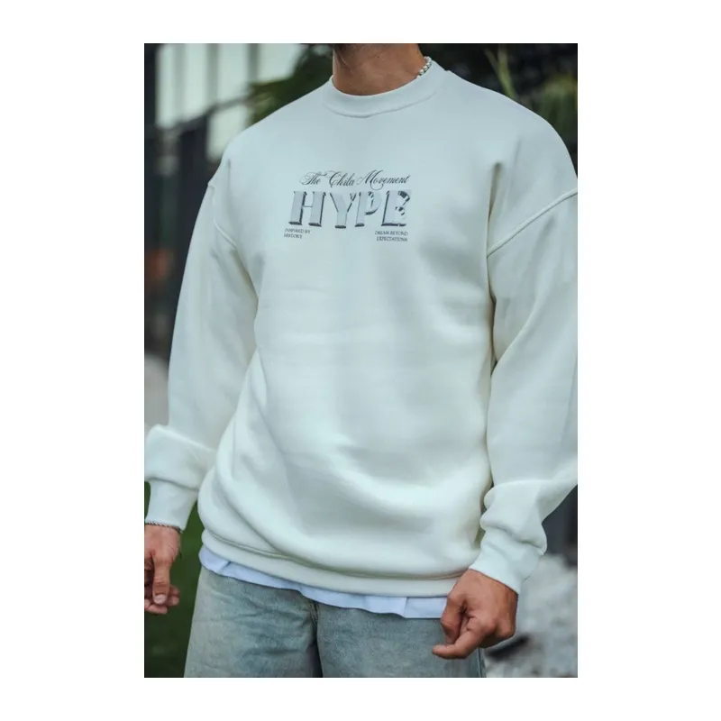 Üç İplik Bisiklet Yaka Baskılı SweatShirt - Beyaz