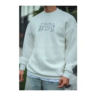 Üç İplik Bisiklet Yaka Baskılı SweatShirt - Beyaz