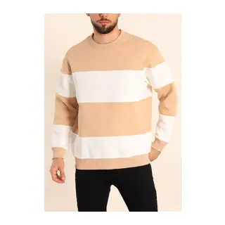 Parçalı Bisiklet Yaka Baskılı SweatShirt - Bej
