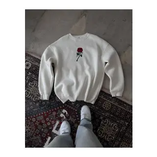 Unisex Bisiklet Yaka Ön Ve Arka Baskılı SweatShirt - Beyaz