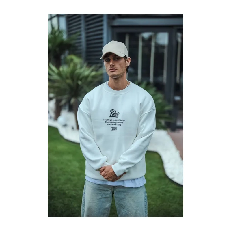 Kışlık Bisiklet Yaka Ön Ve Arka Baskılı SweatShirt - Beyaz