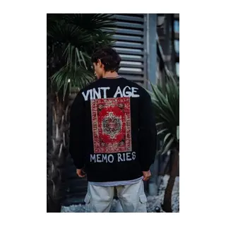 Oversize Bisiklet Yaka Üç İplik Baskılı SweatShirt - Siyah