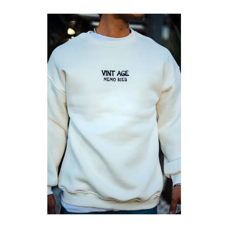 Oversize Bisiklet Yaka Üç İplik Baskılı SweatShirt - Beyaz