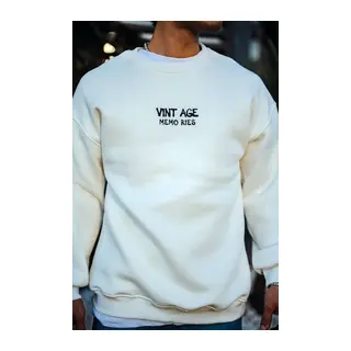 Oversize Bisiklet Yaka Üç İplik Baskılı SweatShirt - Beyaz