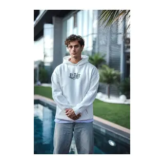 Üç İplik Penye Kapşonlu Baskılı SweatShirt - Beyaz
