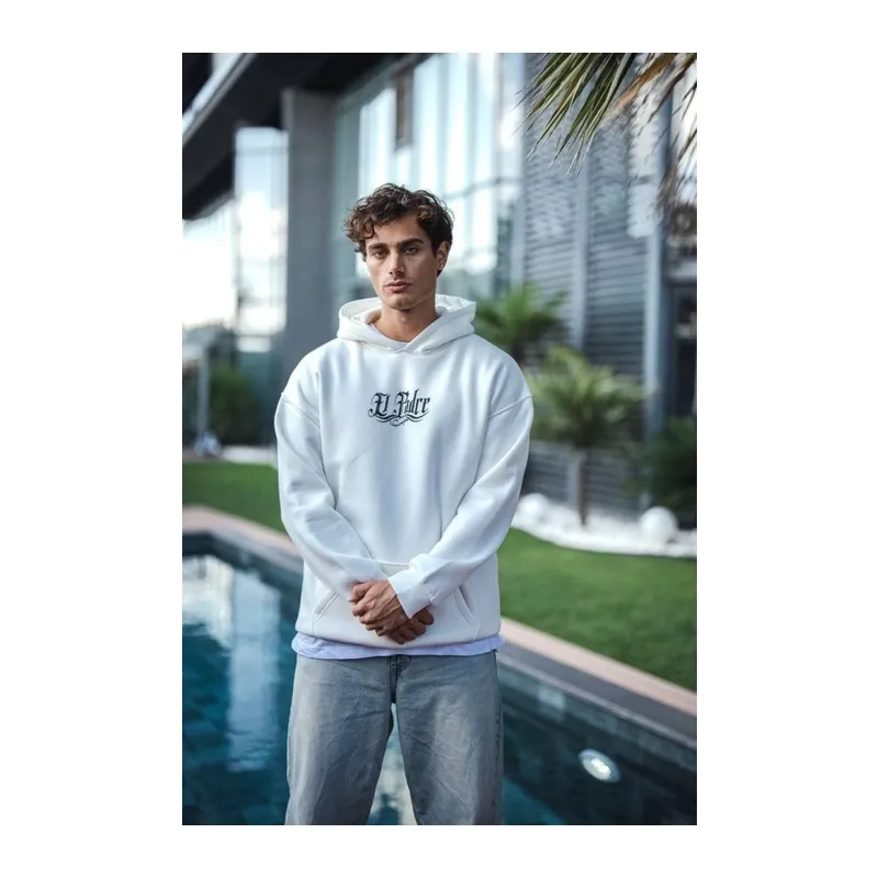 Üç İplik Penye Kapşonlu Baskılı SweatShirt - Beyaz